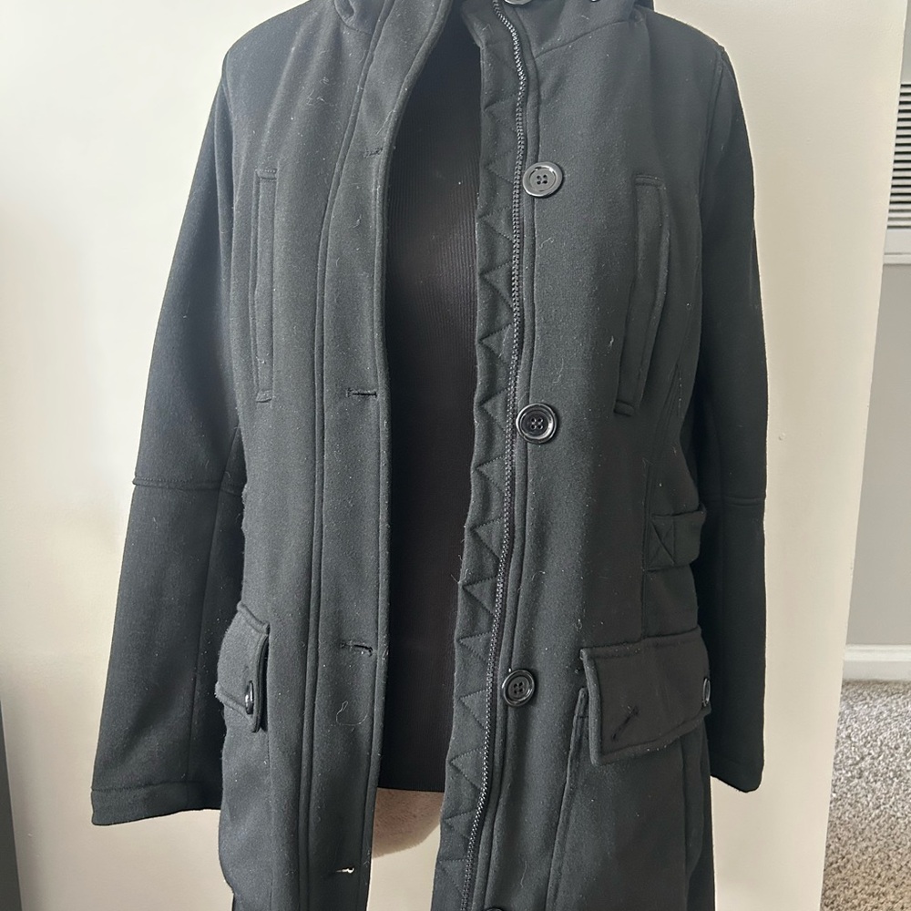 Black Hooded Coat with Button Closure